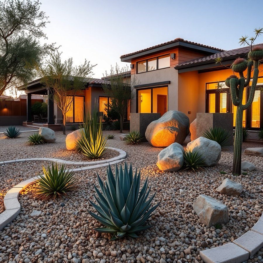 Desert landscaping with boulders and agave