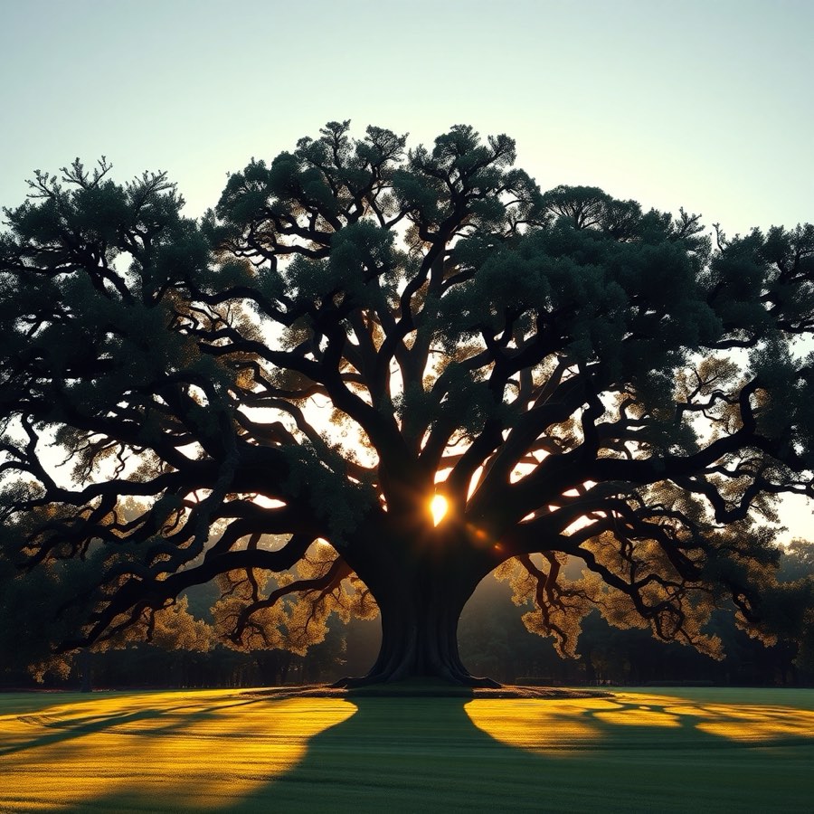 Majestic live oak on a manicured lawn